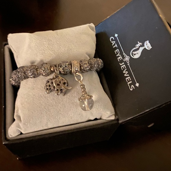 Tibetan Silver Elephant Charm Bracelet | Quartz Accent | Unisex Spiritual